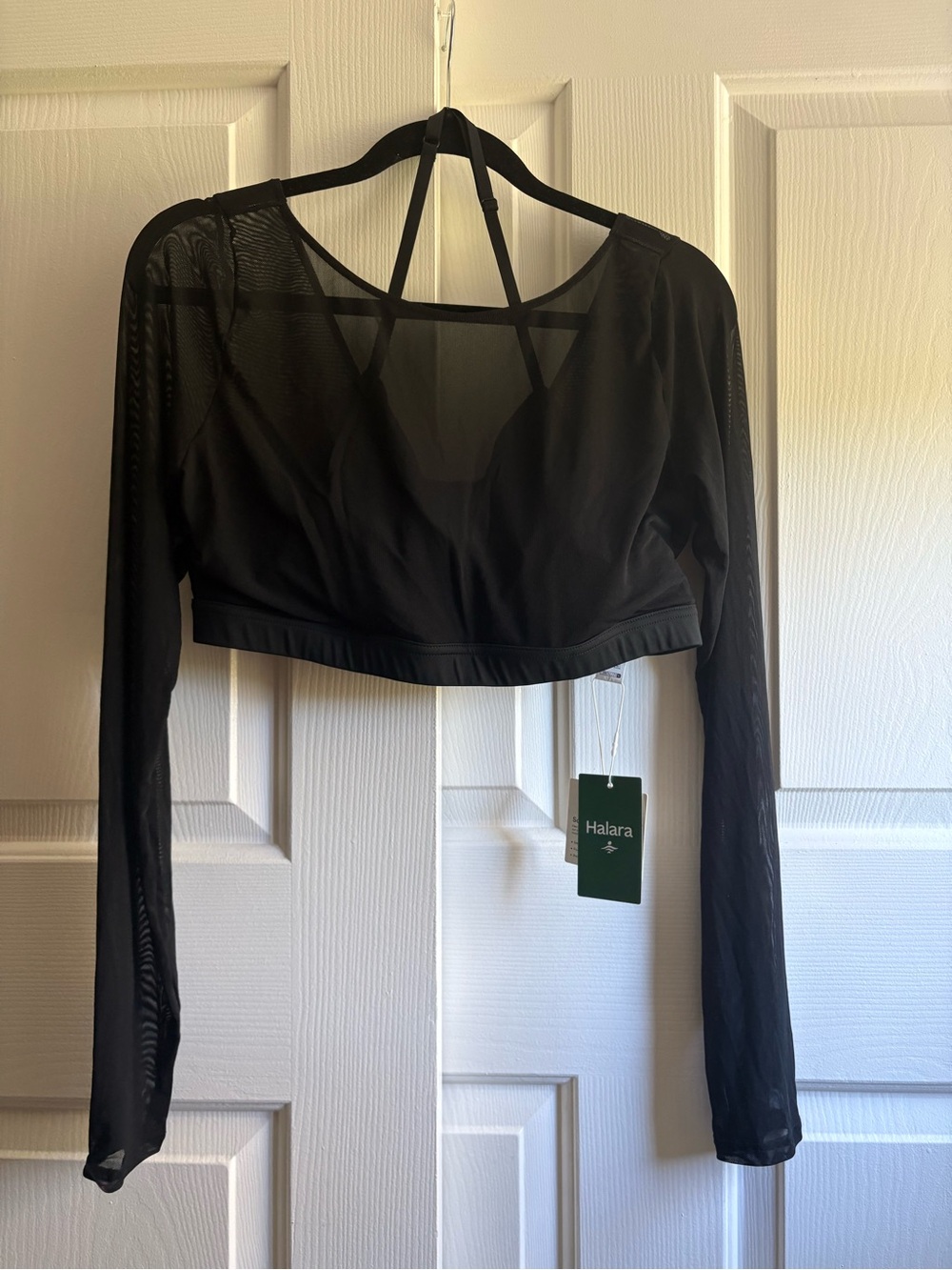 HALARA Black Long-Sleeve Mesh Crop with Strappy Back